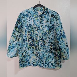 Chico's Blue Green Cheetah Print Button Front Crop Sleeve Lightweight Jacket 3